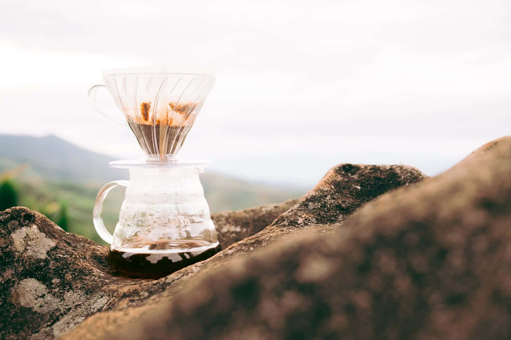 Pour-over setup on mountain rocks